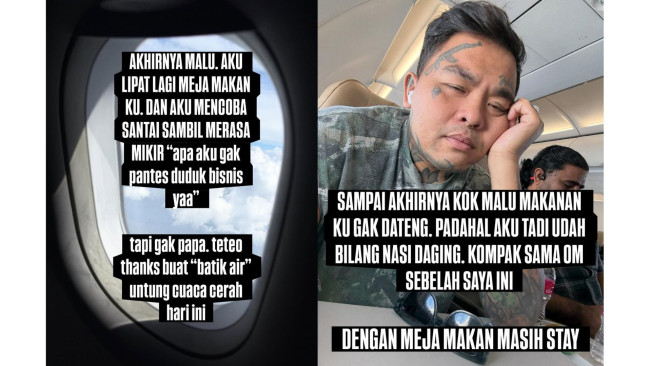 King Abdi cerita saat pesan makanan di kelas bisnis Batik Air namun tak kunjung dilayani. (Instagram @kingabdi_jajanmercon)